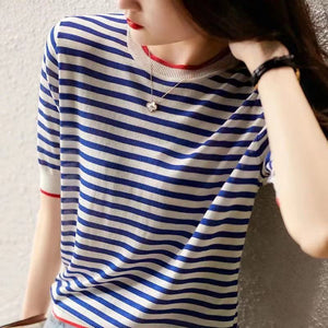 Navy Striped Round Neck Short-sleeved Pullover Shirt