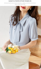 Load image into Gallery viewer, Smokey blue chiffon short-sleeved shirt with drape
