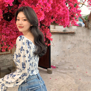 Retro Floral Puff Sleeve Square Collar Long-sleeved Shirt