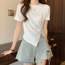 Load image into Gallery viewer, Design sense slit short-sleeved t-shirt slim fit shoulders short T-shirt
