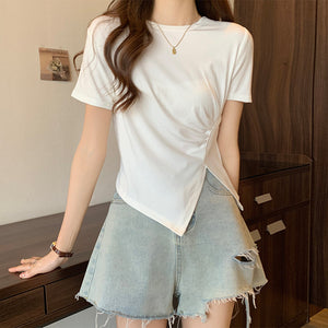 Design sense slit short-sleeved t-shirt slim fit shoulders short T-shirt