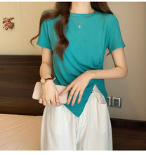 Load image into Gallery viewer, Design sense slit short-sleeved t-shirt slim fit shoulders short T-shirt
