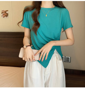 Design sense slit short-sleeved t-shirt slim fit shoulders short T-shirt