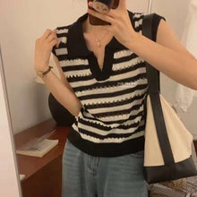 Load image into Gallery viewer, Hollow Stripe Contrast Color Lapel V-neck Shirt
