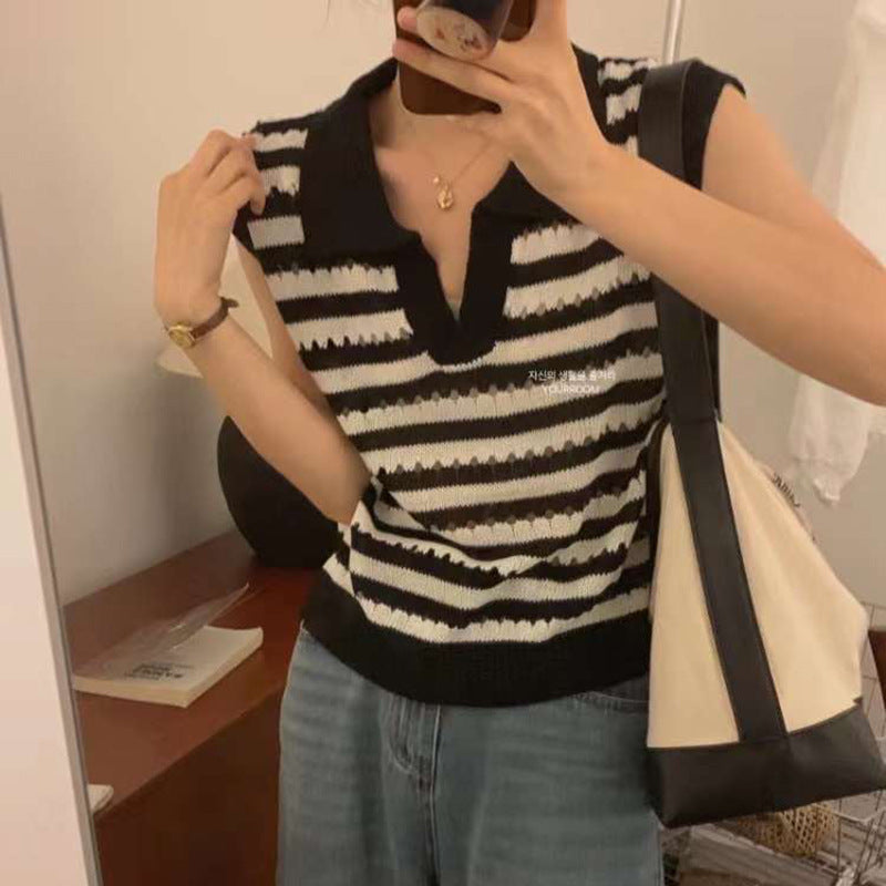 Hollow Stripe Contrast Color Lapel V-neck Shirt
