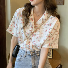 Load image into Gallery viewer, New Slim Chiffon Printed Suit Collar Short-sleeved Top Shirt
