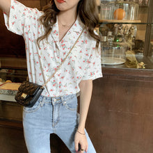 Load image into Gallery viewer, New Slim Chiffon Printed Suit Collar Short-sleeved Top Shirt
