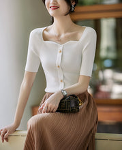 Load image into Gallery viewer, French Seagull Collar Retro Gold Buckle Knitted Top Shirt
