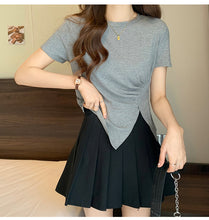Load image into Gallery viewer, Design sense slit short-sleeved t-shirt slim fit shoulders short T-shirt
