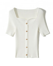 Load image into Gallery viewer, French Seagull Collar Retro Gold Buckle Knitted Top Shirt
