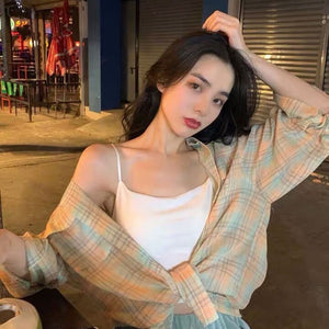 Summer Design Plaid Long-sleeved Sunscreen Top Shirt